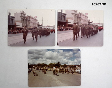 Photographs of Soldiers and an Army band marching in Bendigo Street.