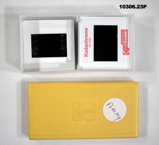 Plastic box containing twenty one colour slides featuring the Army.