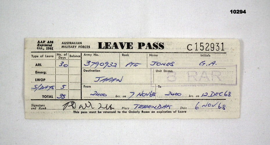 Pass Collection Record Example Administrative record - LEAVE PASS, C. Nov 1967