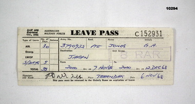 Administrative record - LEAVE PASS, C. Nov 1967