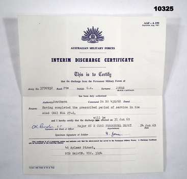 Interim discharge certificate 1969