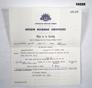 Interim discharge certificate 1969