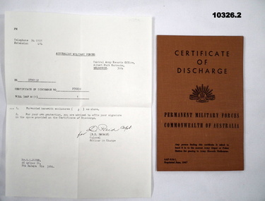 Discharge certificate with accompanying letter.