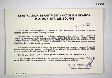 Card - VOCATIONAL TRAINING SCHEME NS, 9.1.1969