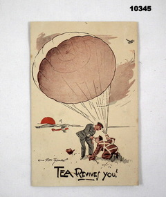 Coloured postcard with parachute featured, from WW2.