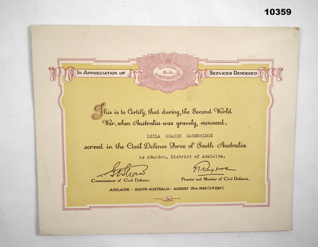 Civil Defence Certificate for WW2 in Australia.