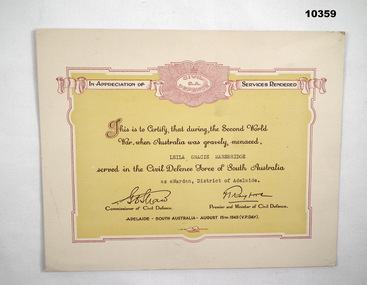 Civil Defence Certificate for WW2 in Australia.