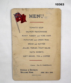 WW2 Welcome Home Menu for Axedale & District.