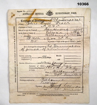 Certificate of Discharge WW1 - Robert Bruce Brock.