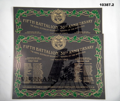 Two - 5th Battalion 30th Anniversary placemats.