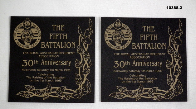 Two Fifth Battalion, 30th Anniversary drinks coasters.
