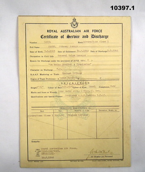 RAAF Certificate of Service WW2.