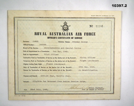 RAAF Certificate of Service WW2.