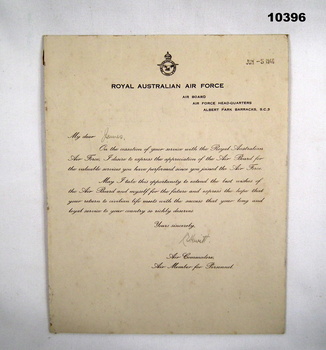 Letter of thanks for service to RAAF.