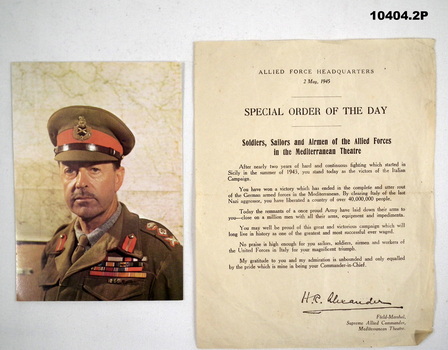 Photo of Field Marshall Alexander and Special Order WW2.