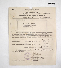 Entitlement to War Gratuity WW2.