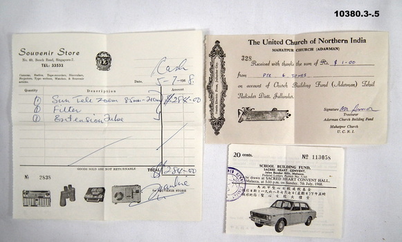 Five receipts for goods purchased in Malaya.
