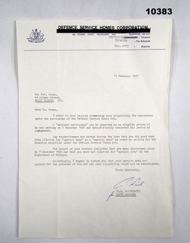 letter regarding eligibility for a War Service loan.