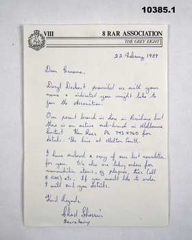 letter regarding joining the 8 RAR Association.