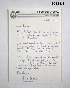 letter regarding joining the 8 RAR Association.