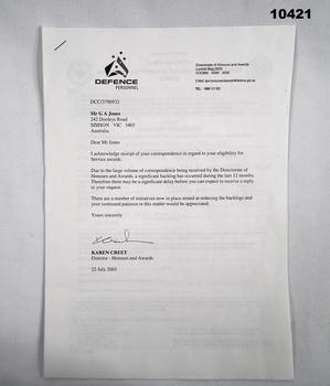 letter regarding the issue of service medals.