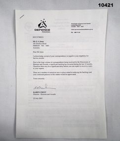 letter regarding the issue of service medals.
