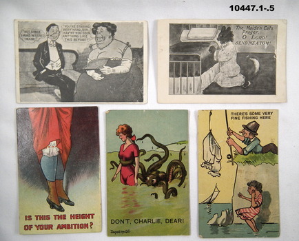 Collection of black and white and coloured comical postcards.