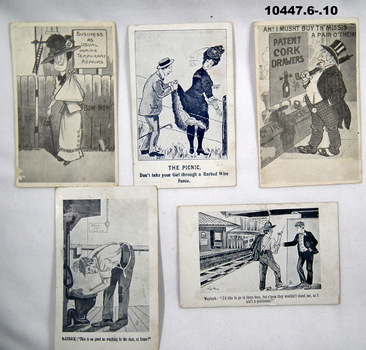 Collection of black and white and coloured comical postcards.
