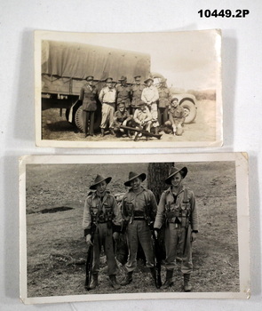 Two black and white photographs featuring groups of WW2 soldiers in uniform.