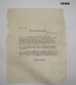 Reference letter for Commissioned Officer WW2.
