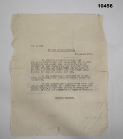 Reference letter for Commissioned Officer WW2.