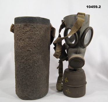 Gas mask and container.