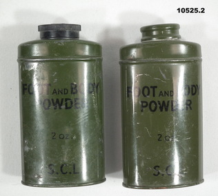 Two tins of foot and body powder.