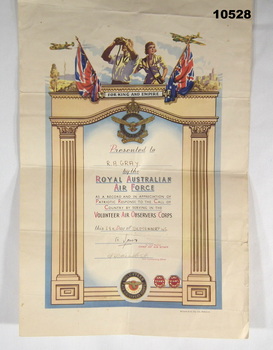 Certificate for Volunteer Air Observers Corps, WW2.