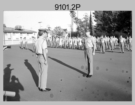 Warrant Presentation to WO2 Mick Hogan at Army Survey Regiment CO’s Parade, Fortuna Villa, Bendigo. c1989.