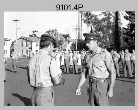 Warrant Presentation to WO2 Mick Hogan at Army Survey Regiment CO’s Parade, Fortuna Villa, Bendigo. c1989.