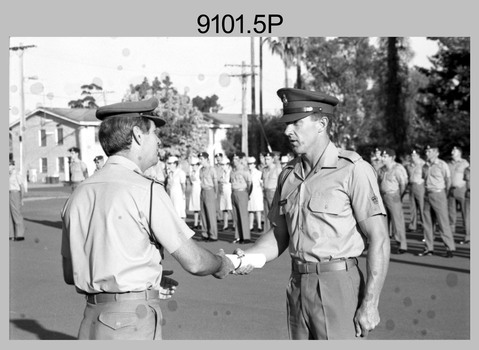 Warrant Presentation to WO2 Mick Hogan at Army Survey Regiment CO’s Parade, Fortuna Villa, Bendigo. c1989.