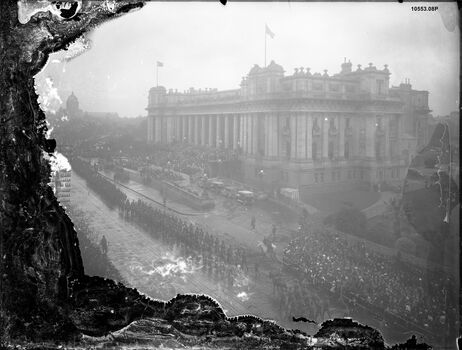 10553.08P Anzac Day march past Parliament in Spring Street Melbourne, toward Exhibition gardens early post war-war.            