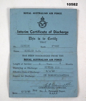 RAAF Interim Discharge Certificate.