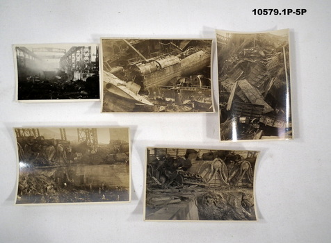 Series of photographs highlighting bomb damage to a factory.