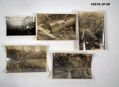 Series of photographs highlighting bomb damage to a factory.