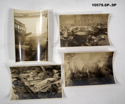 Series of photographs highlighting bomb damage to a factory.