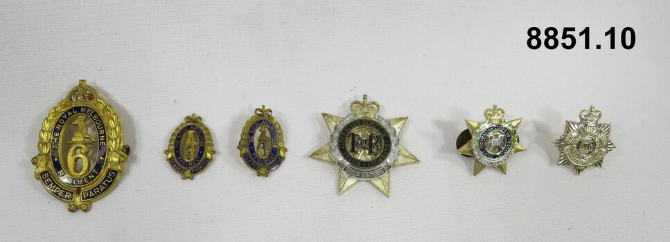 Various military badges of different sizes.