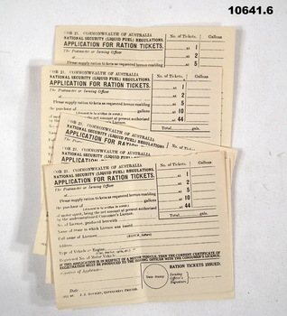 Six blank 'Application For Ration Ticket' forms.