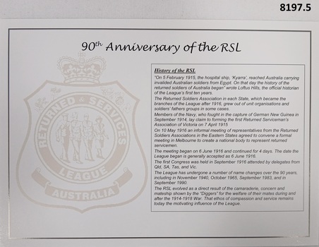 Place mats 90th birthday RSL.