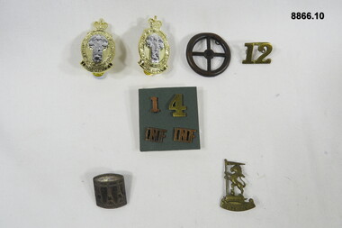 Various military badges different types.