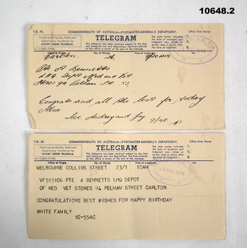Two telegrams wishing the recipient a happy birthday.