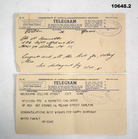 Two telegrams wishing the recipient a happy birthday.