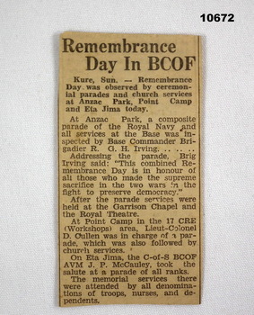 Newspaper article reporting on Remembrance Day during BCOF Japan.