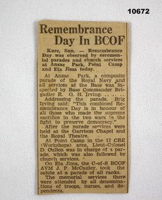 Newspaper article reporting on Remembrance Day during BCOF Japan.